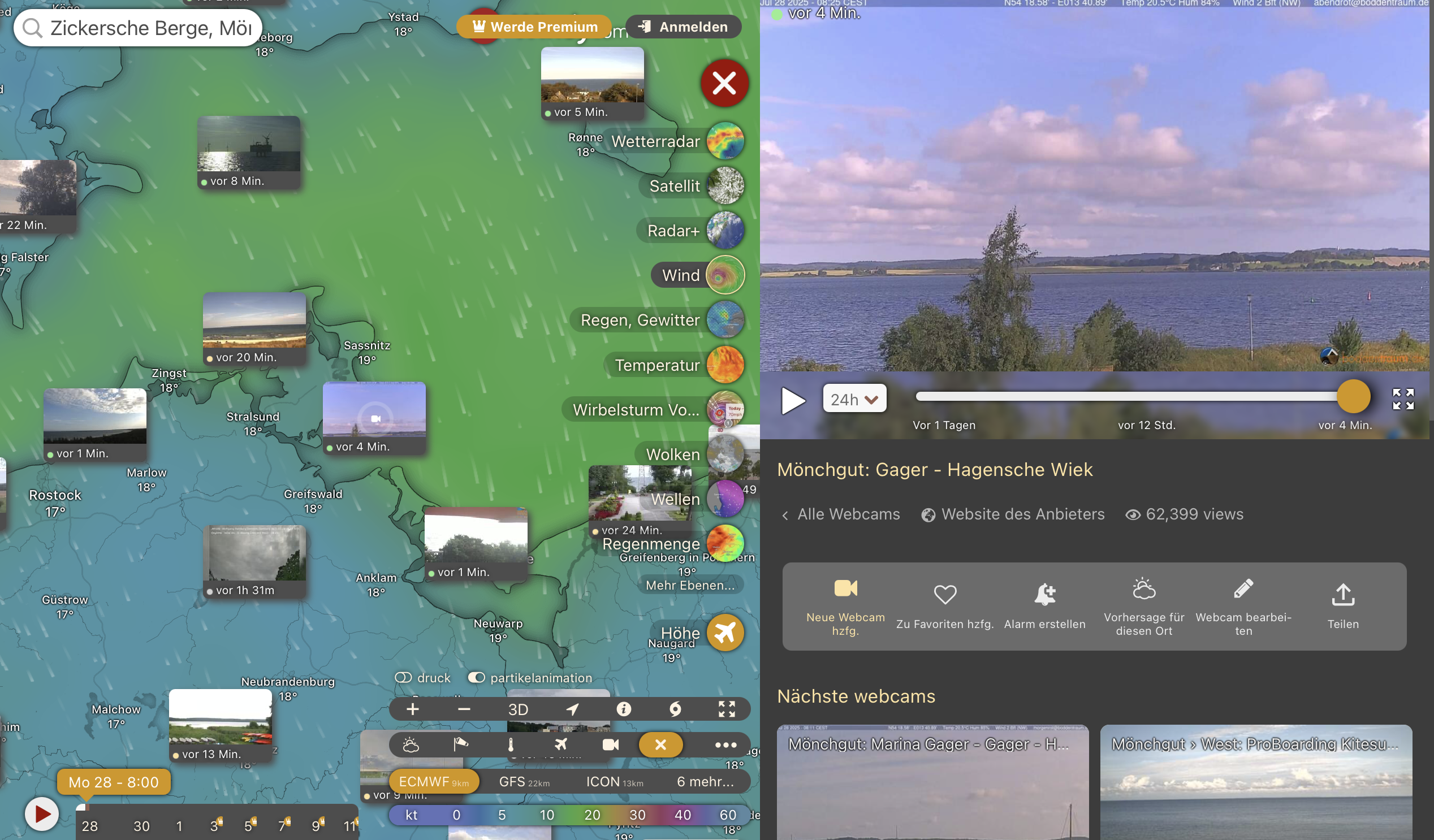 Screenshot von "Windy", dem meterologischen Portal mit dem Kartenausschnitt für Rügen und Mecklenburg-Vorpommern